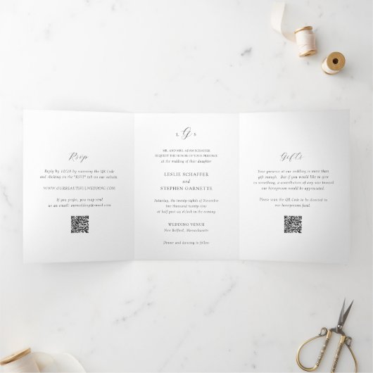 Invitation Trois Volets Code QR noir et blanc intemporel Mariage élégant (Intérieur)