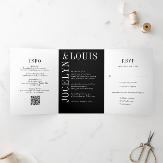 Invitation Trois Volets Code QR noir gras Mariage Moderne (Intérieur)