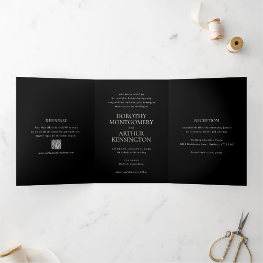 Invitation Trois Volets Code QR noir moderne Élégant Mariage (Intérieur)