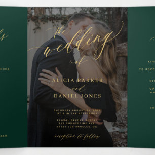 Invitation Trois Volets Code QR or RSVP photo mariage or vert émeraude et