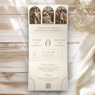 Invitation Trois Volets Code QR photo d'arche de mariage Cream Gold