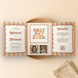 Invitation Trois Volets Code QR photo de mariage à rayures colorées Rétro