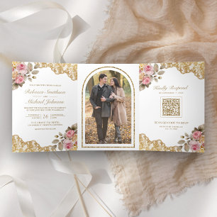 Invitation Trois Volets Code QR Photo Mariage Fleurs Roses Dentelle Or