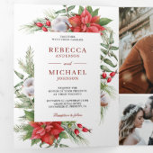 Invitation Trois Volets Code QR Poinsettia Rustique Noël Mariage (Intérieur en premier)