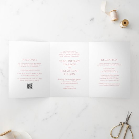 Invitation Trois Volets Code QR Rose Élégant Mariage Propre (Intérieur)