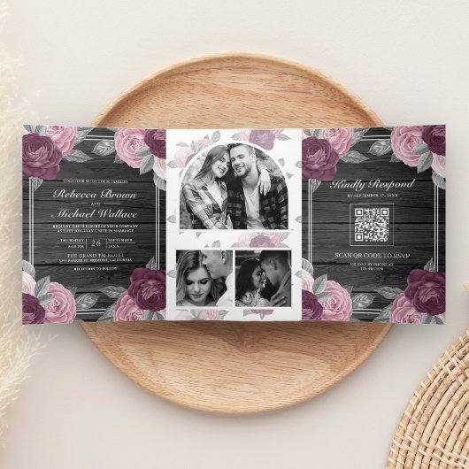 Invitation Trois Volets Code QR Rose Mauve Violet Rose Poussiéreux Bois Ma