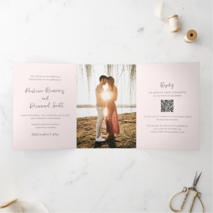 Invitation Trois Volets Code QR rose moderne Mariage simple