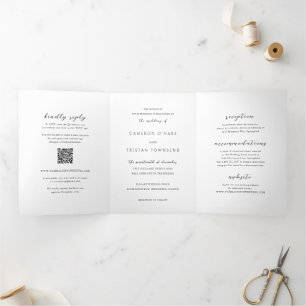 Invitation Trois Volets Code QR simple noir et blanc Mariage épuré