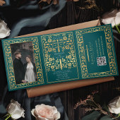 Invitation Trois Volets Code QR turquoise Royal Medieval Sword Mariage