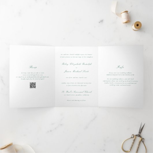 Invitation Trois Volets Code QR Vert Émeraude Propre Mariage Élégant (Intérieur)