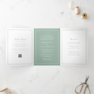 Invitation Trois Volets Code QR vert Sage traditionnel Mariage intemporel