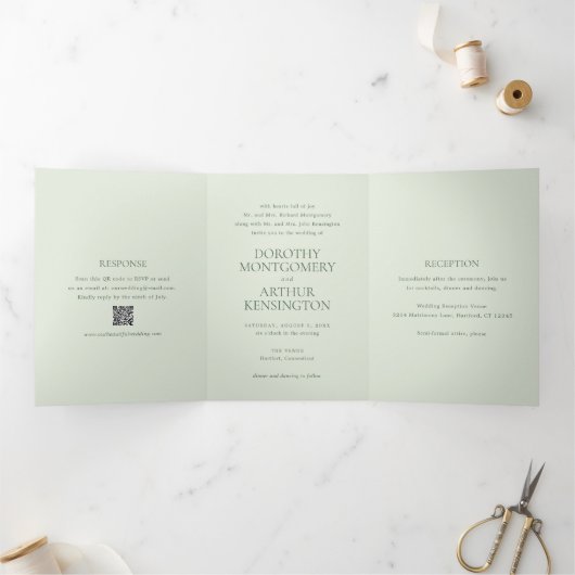 Invitation Trois Volets Code QR Vert Sauge Élégant Mariage Moderne (Intérieur)