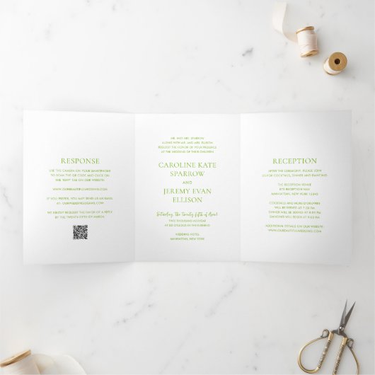 Invitation Trois Volets Code QR vert vibrant propre Mariage élégant (Intérieur)