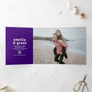 Invitation Trois Volets Code QR violet de police rétro Photo de mariage mo