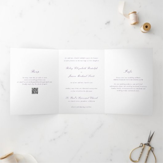 Invitation Trois Volets Code QR Violet Élégant et Propre Mariage (Intérieur)