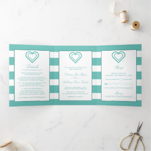 Invitation Trois Volets Coeur chic, Turquoise suite Mariage triée
