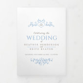 Invitation Trois Volets Coeur de la feuille de monogramme bleu clair maria (Page de couverture)