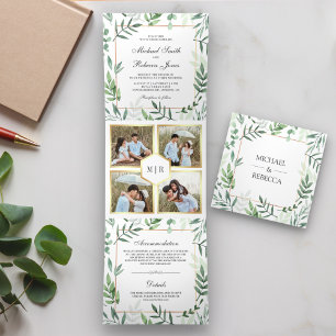 Invitation Trois Volets Collage de feuilles botaniques Photo de verdure de