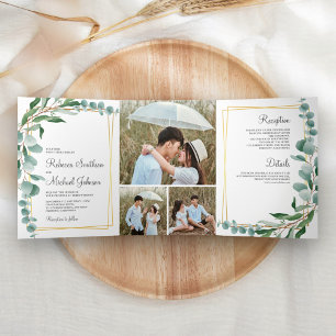 Invitation Trois Volets Collage de photos de mariage au cadre doré avec br