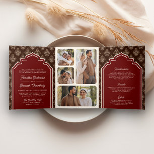 Invitation Trois Volets Collage photo Ikat marron Bourgogne Mariage indien