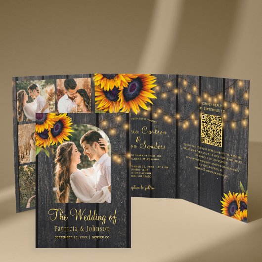 Invitation Trois Volets Collage photo tournesol rustique QR RSVP mariage