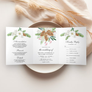 Invitation Trois Volets Cônes de pin à baies blanches 3 en 1 Mariage de No