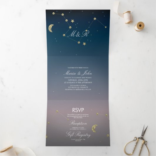 Invitation Trois Volets Constellation Gold Faux Foil Ombre Sky Mariage (Intérieur)