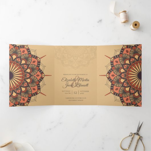 Invitation Trois Volets Contemporain Brown Peach Mandala Mariage (Intérieur)