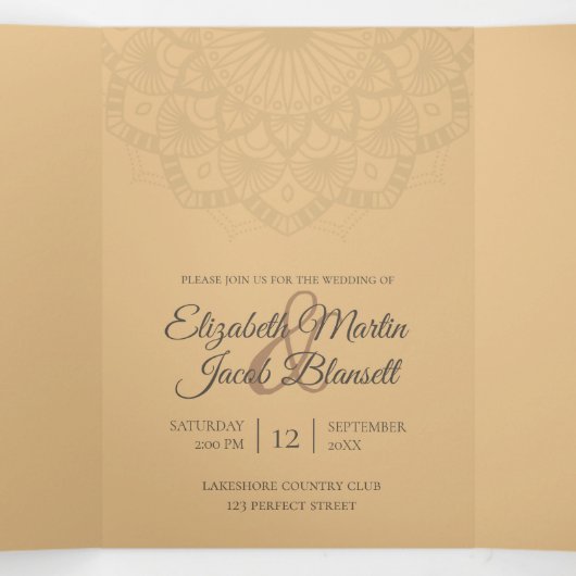 Invitation Trois Volets Contemporain Brown Peach Mandala Mariage (Intérieur au milieu)