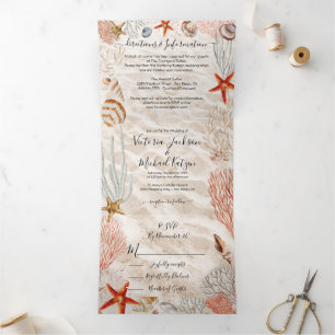 Invitation Trois Volets Coquillage tropical et corail Sandy Beach Wedding 