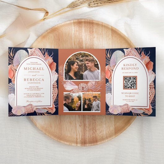 Invitation Trois Volets Coquillages Rustiques Thème Marin Code QR Mariage