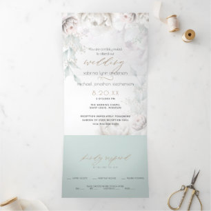 Invitation Trois Volets Corail Rose Élégant Pivoines Blanches TOUT en UN m