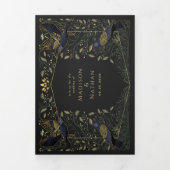 Invitation Trois Volets Corbeau gothique enchanté vert Mariage Floral (Page de couverture)