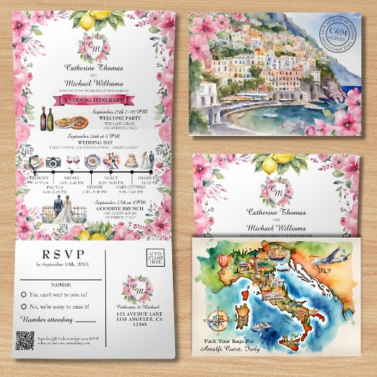 Invitation Trois Volets Côte d'Amalfi Italie Aquarelle Destination Mariage