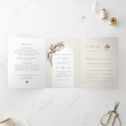 Invitation Trois Volets coton boho et eucalyptus (Intérieur)