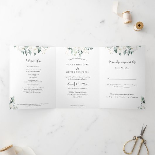 Invitation Trois Volets Coton d'Eucalyptus | Blanc moderne (Intérieur)