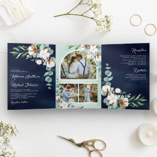 Invitation Trois Volets Coton Eucalyptus Photo Collage Mariage bleu marine