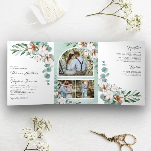 Invitation Trois Volets Coton Eucalyptus photo Collage tout en un Mariage