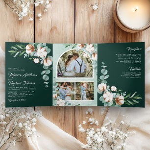 Invitation Trois Volets Coton Eucalyptus Photo Tout en Un Mariage Émeraude