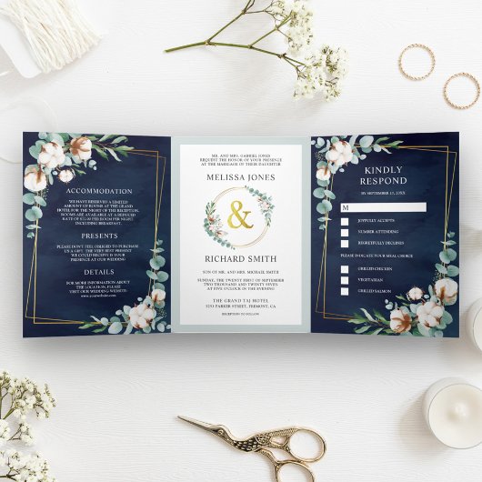 Invitation Trois Volets Coton Eucalyptus tout en un Mariage bleu marine