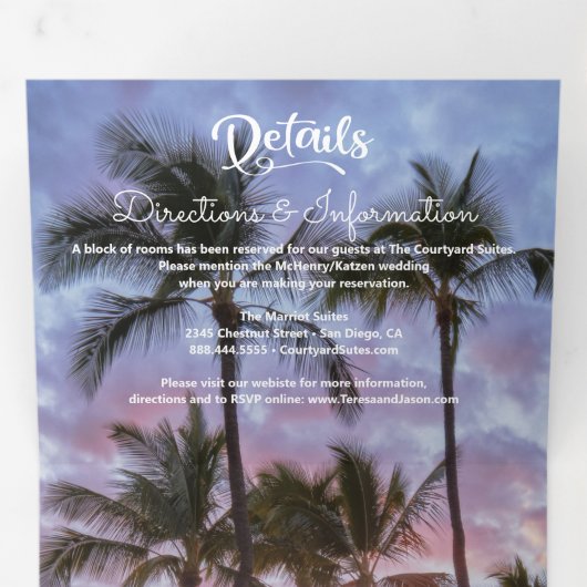 Invitation Trois Volets Coucher de soleil sur un palmier tropical (Intérieur en premier)