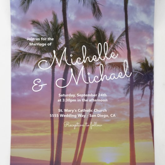 Invitation Trois Volets Coucher de soleil sur un palmier tropical (Intérieur au milieu)