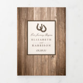 Invitation Trois Volets Country Rustic Horseshoe & Brown Wood Mariage (Page de couverture)