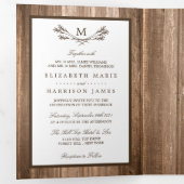 Invitation Trois Volets Country Rustic Monogram Branche & Mariage bois (Intérieur en premier)