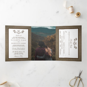Invitation Trois Volets Country Rustic Monogramme Branche & Mariage Burlap