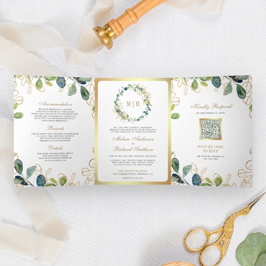 Invitation Trois Volets Couronne de Eucalyptus en Or Rustique QR Code Mari