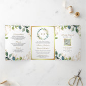 Invitation Trois Volets Couronne de Eucalyptus en Or Rustique QR Code Mari (Intérieur)