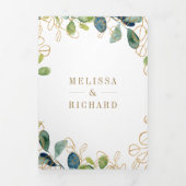 Invitation Trois Volets Couronne de Eucalyptus en Or Rustique QR Code Mari (Page de couverture)