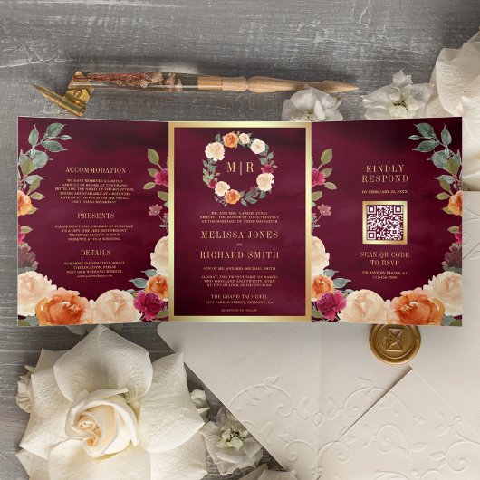 Invitation Trois Volets Couronne de fleurs terreuses Code QR Mariage Borde