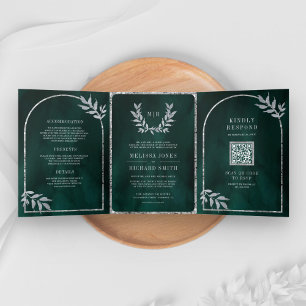 Invitation Trois Volets Couronne de laurier argenté feuilles vert émeraude